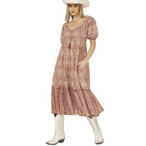 Cleobella Joely Southwestern Tribal Print Midi Smocked Dress Terracotta size XS